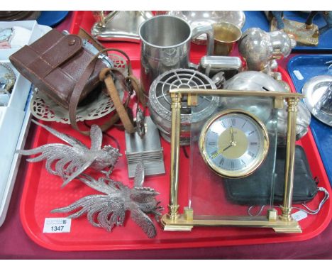 Pair off plated cockerels, pewter tankard, agfa camera, Accetim mantle clock etc. One tray