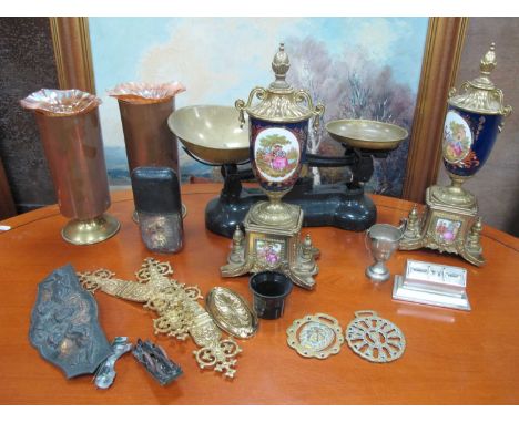 A Pair of XIX Century Style Gilded Brass Vases (from a clock garniture), kitchen scales, pair brass and copper vases, brass p