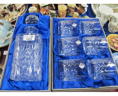 Edinburgh crystal glass decanter together with six whiskey glasses, both boxed.