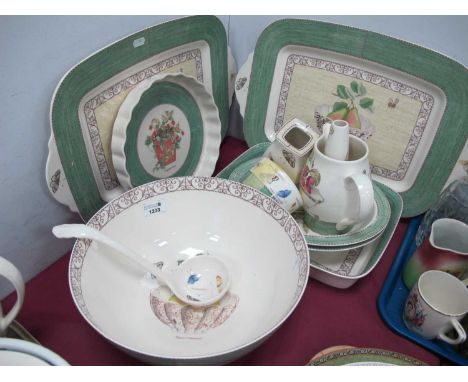 Wedgwood 'Sarah's Garden' Queens Ware Pottery, in green including punch bowl (chipped) plus ladle, trays (x 2), flan dish (12