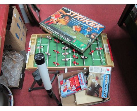 Toys and games to include table football, 'Striker football with a kick' set, 'Lumex' 13-40x40 telescope on tripod, Yahtzee, 