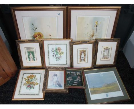 A quantity of framed prints to include one of Royal St Davids golf course signed 'David T Williams', others of flowers, curta