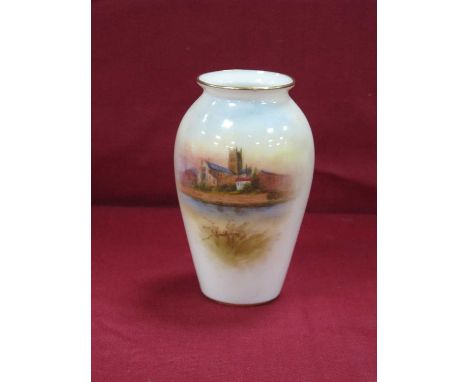 Royal Worcester Porcelain Ovoid vase, with hand-painted scene of Worcester Catedral, puce back stamp G461,10cm high