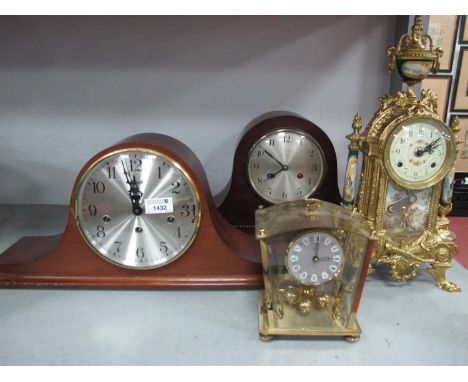 A XX Century Franz Hermle Lancini mantle clock marked 130-070 to back with key together with two Napoleon mantle clocks and o