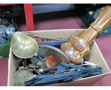Brass set of scales, jam pan and toasting fork, spoons, pair of Sai daggers and Kamas, set of knives in fitted case and large