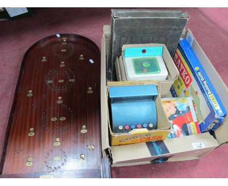 Milady Washer Dryer, cash register, Vulcan minor sewing machine, each in a damaged box, Pegity, Byko, Scoca bagatelle