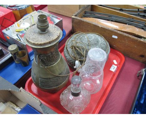 Glass Scent Bottle with Silver collar, carafe with glass tumbler cover. Brass bowl heavily embossed with roundels and Greek k