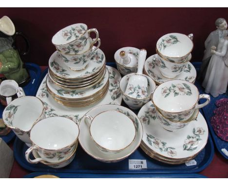 Crown Staffordshire bone china tea service "Pear Blossom":- sandwich plates, side plates, cups, saucers, sugar bowl, two bell