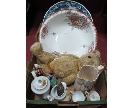 A hallmarked silver backed nail buff, large wash bowl, plate, foreign tea service, three oriental figures and a vintage teddy