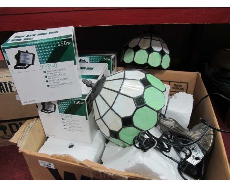A Pair of Tiffany Style Table Lamps, ceiling light, four boxed IQ Group E390 Halogen floodlights:- One Box.