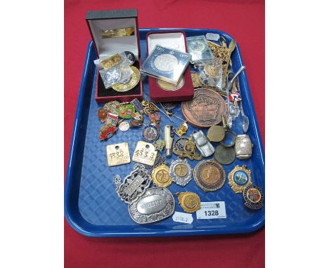 Football Medals, Silverwood Colliery mining tokens, 1986 Commonwealth Games medal, vintage Disney coin, badges, Bulova watch 