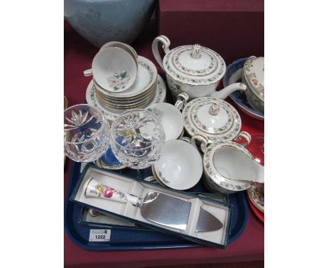 Noritake China Tea Service, Maling dish, Worcester pie server, and two Waterford Crystal wine glasses:- One Tray.
