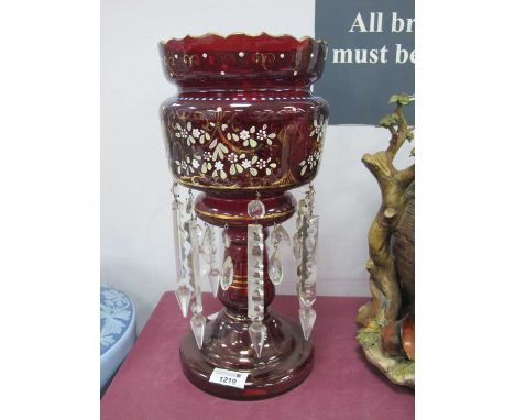 Victorian red ruby glass lustre with faceted drops 36cm h.No droplets missing, large drops all with small chips and nibbles, 