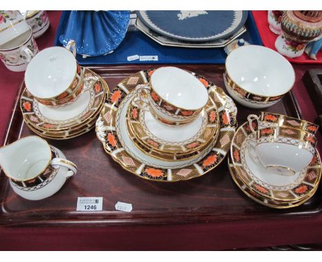 A Royal Crown Derby Porcelain Tea Service, decorated with Imari pattern 8450 borders, date code for 1920-30's, printed marks,