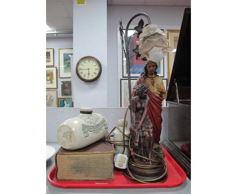 Painted plaster figure of Jesus Christ, table lamp, Rylands directory 1932, Lambeth pottery footwarmer.