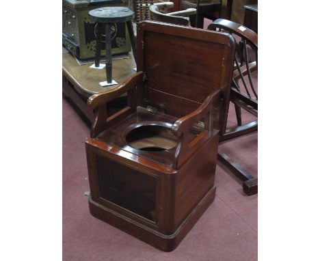 XIX Century Mahogany Box Commode, with a hinged lid, folding arms, panelled front and plinth base, 50cm wide.