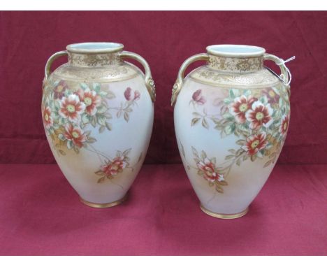 A Pair of Noritake Twin-Handled Vases, painted with flowers and highlighted in gilt, 25cm high. (2)