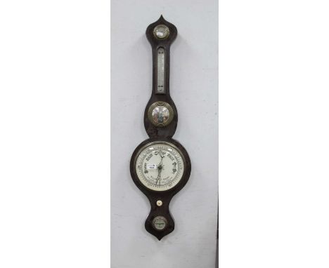 Late XIX Century Rosewood Banjo Barometer, with onion top, dry/damp dial, thermometer, Butler mirror, white dial and level, 9