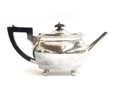 A Victorian silver teapot by William &amp; Henry Stratford, Sheffield 1878, ovoid body with bright cut decoration, ebonised h