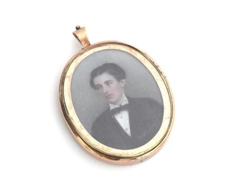 A 19th century gold locket containing a portrait miniature on ivory of a young man, signed 'K. Walker' lower right, woven hai