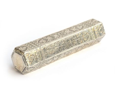 A Victorian double ended silver scent bottle by Haseler Brothers, Birmingham 1894, of cylindrical hexagonal form with floral 
