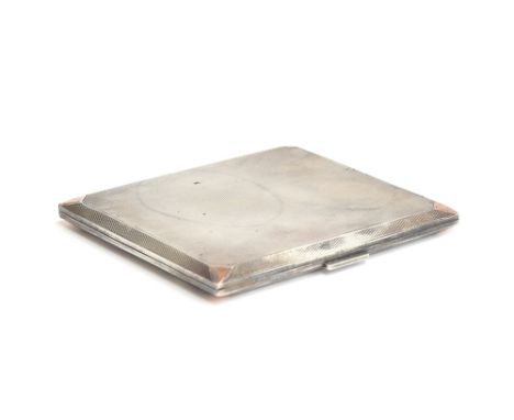 A George V engine turned silver cigarette case by W H Manton Ltd, Birmingham 1933, with yellow metal corners, and silver gilt