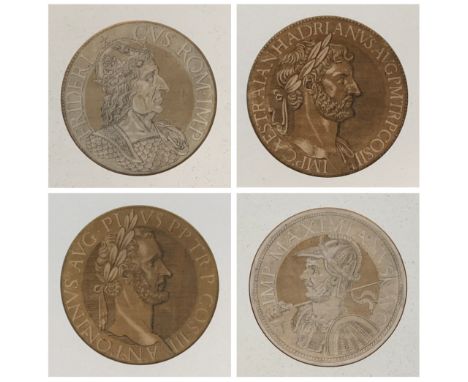 Hubert Goltzius (1526-1583), four 16th century chiaroscuro medallion portrait woodcuts of emperors in sepia tones c.1557, the