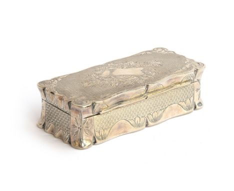 An engraved and engine turned silver snuff box, shaped rectangular form, the hinged lid engraved with scroll amongst foliage,