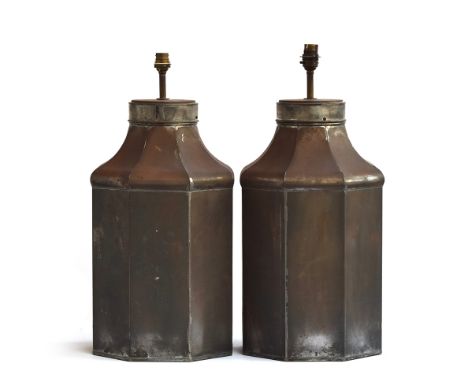 A pair of tea canister style octagonal table lamps, 49cm high to top of canisterProvenance: part of the contents of Stepleton