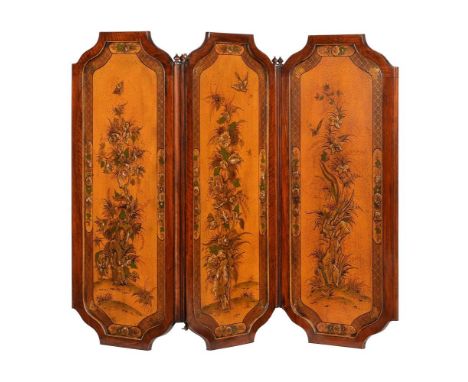 A mahogany and polychrome lacquer three fold screen, late 19th or early 20th century, each panel with Chinoiserie decoration,