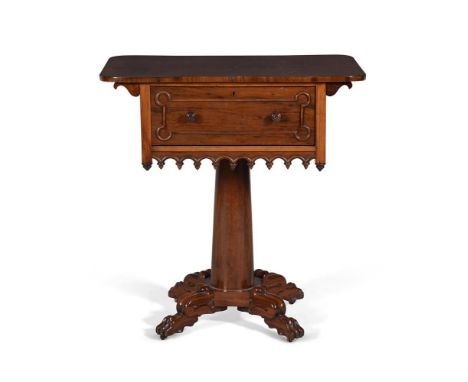 A Victorian rosewood and mahogany work table, with  frieze drawer opposing a false drawer front, 72.5cm high, 69.5cm wide, 45