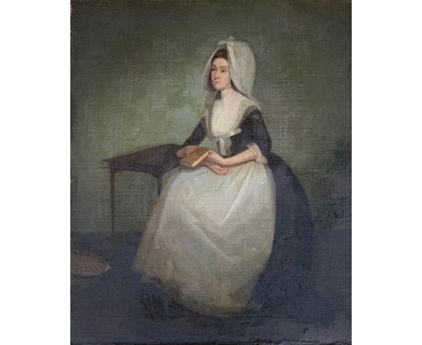 A 19th century full length portrait of a solemn lady holding a book, oil on canvas, 47x58cm 
