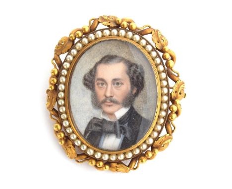 A heavy gold framed portrait miniature of a 19th century gentleman, tests as 18ct or higher, surrounded by 47 well matched na