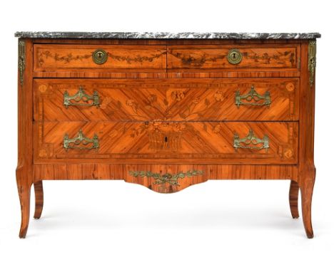 A 19th century French kingwood and marquetry commode, marble topped, having two short and two long drawers, shaped apron, fla