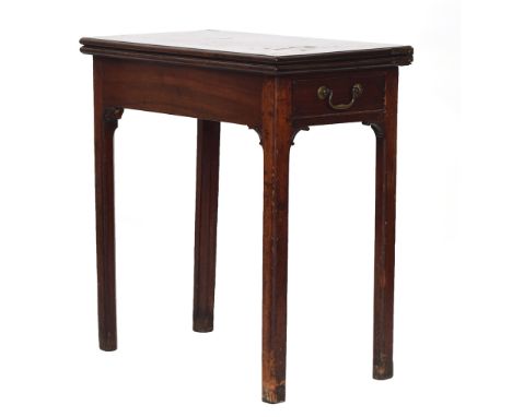 A George II mahogany rectangular tea table, with single end drawer, the foldover top raised on moulded square section legs, 6