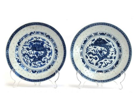 A matched pair of Chinese translucent ware rice grain plates depicting dragons, four character Kangxi marks to base, each 20.