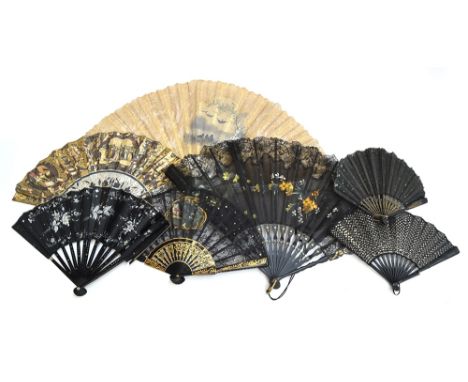 A mother of pearl and lace fan with painted silk panel depicting bluebirds, 35cm long; together with three further early 20th