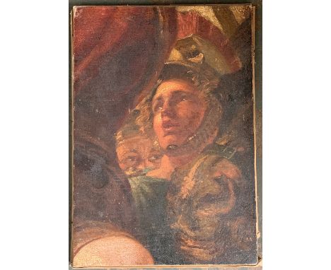 19th century oil on board, portrait on a man in Roman helmet within a crowd, 44.5x31cm 