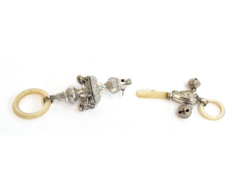 A Victorian silver child's rattle by George Unite, Birmingham 1899, with mother of pearl teething ring; together with one oth