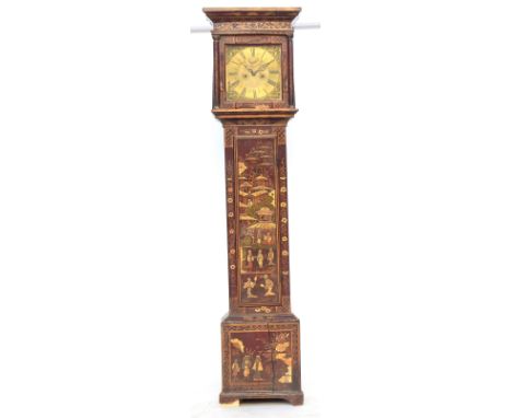 An 18th century red japanned longcase clock, the movement signed John Thomas, Crewkerne, pediment top with gilt blind fretwor