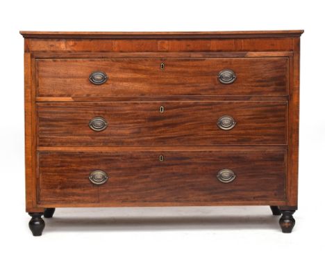 A French mahogany and cross banded commode chest of three drawers, c.1800, the frieze with secret drawer, 120cm wide, 55cm de