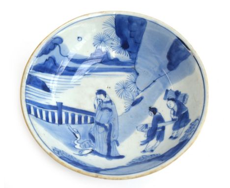 A Chinese Kangxi style blue and white dish, six character mark that reads along the lines of 'Precious as a treasured ding of