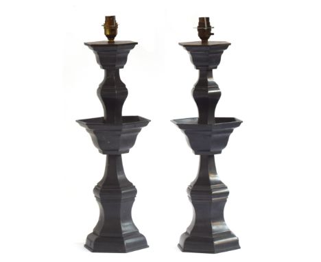 A pair of decorative pewter alloy table lamps, hexagonal faceted baluster stems, 47cm to base of fitting, 88cm to top of shad