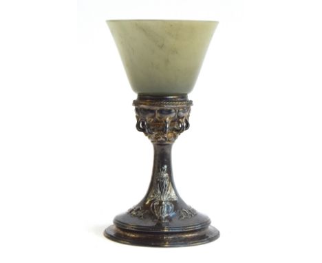 An early 20th century Arts &amp; Crafts silver and jade goblet by Omar Ramsden and Alwyn Carr, London 1913, the conical jade 