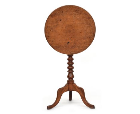 A small circular tripod table, tip-top on bobbin turned column on cabriole legs, 44cm diameter, 68cm high 