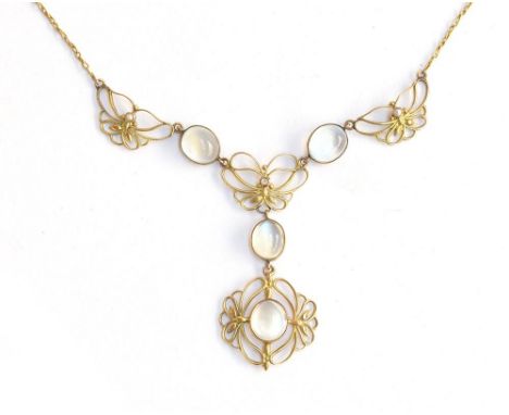 An Art Nouveau 15ct gold, moonstone and seed pearl necklace, approx. 8.1g, 40cm long 
