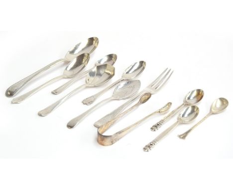 A small lot of silver flatware, to include an 18th century Scottish teaspoon, sugar tongs, etc, 6.1ozt 