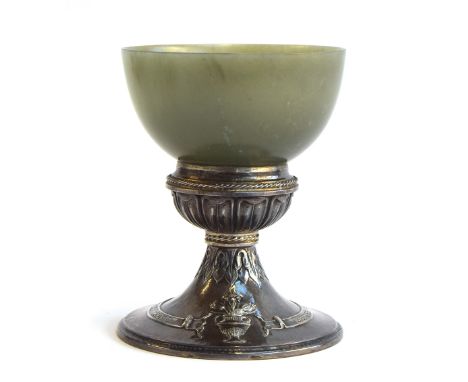 An early 20th century Arts &amp; Crafts silver and jade goblet by Omar Ramsden and Alwyn Carr, London 1913, the jade bowl abo