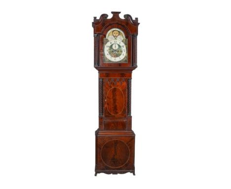 A Regency mahogany longcase clock, circa 1820, with eight-day bell striking movement, the painted 14inch Arabic numeral dial,