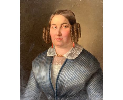 19th century oil on canvas, half length portrait of a continental lady wearing coral earrings, 60.5x50cm 
